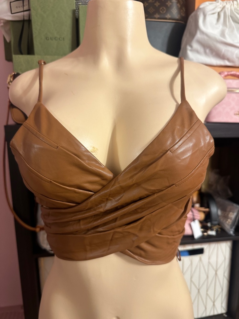 SOLD!!! Fashion Nova Brown Faux Leather Wrap Crop Cami